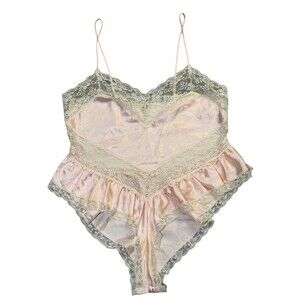 VTG Body Chic Satin Lace Teddy Bodysuit Pink V Neck Adjustable Tie Size L